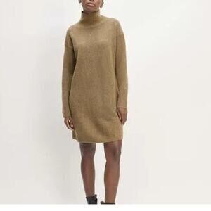 EVERLANE Cozy Stretch Turtleneck Dress Sweater Heathered Light Brown Large Wool